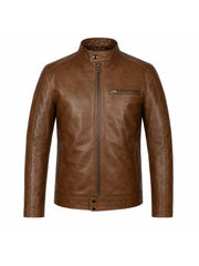 Men’s Classic Tan Leather Jacket with Snap Collar Front 