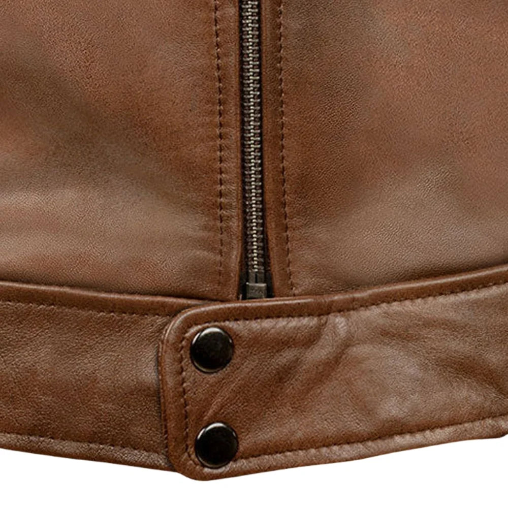 Men’s Classic Tan Leather Jacket with Snap Collar