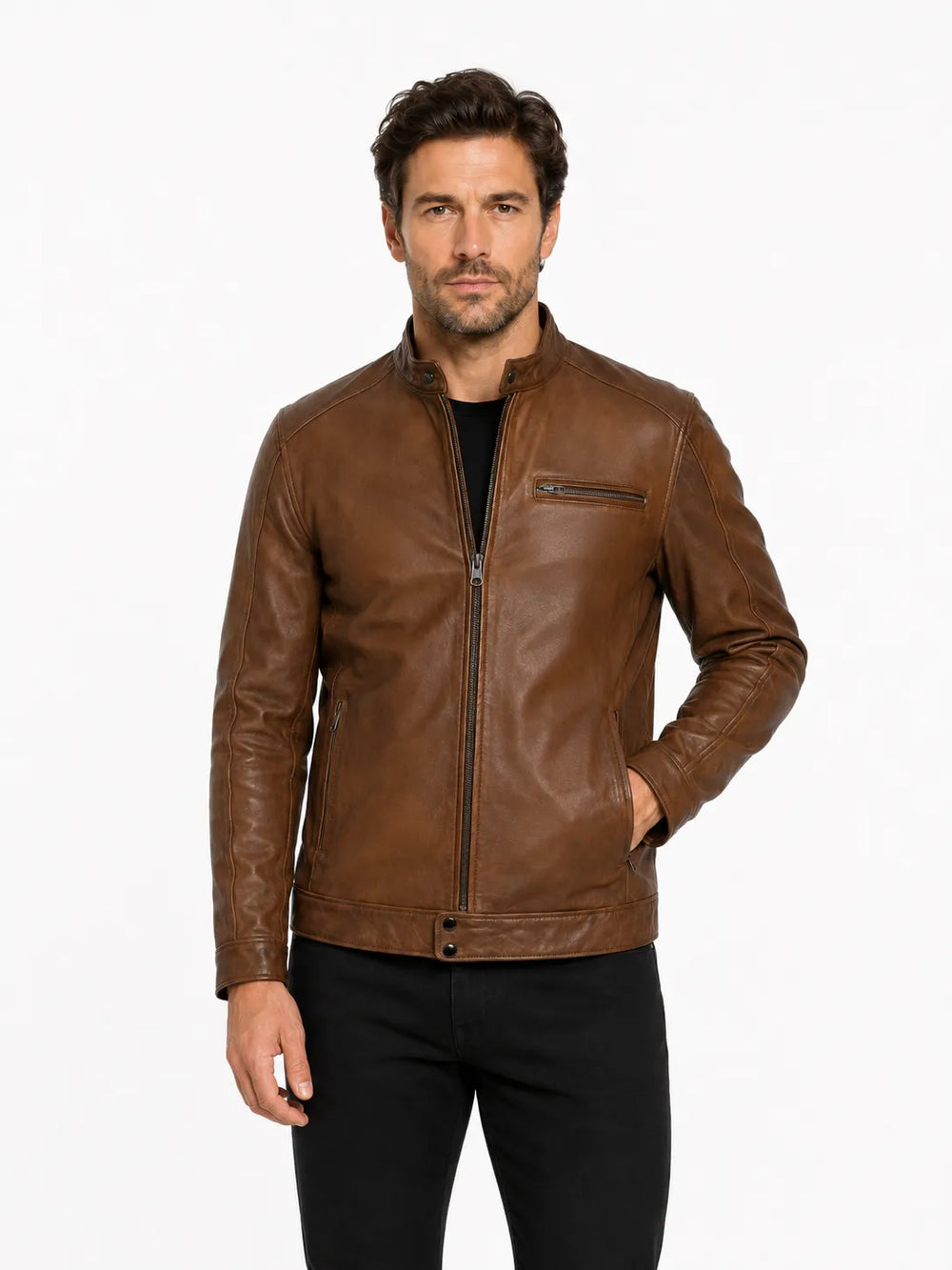 Men’s Classic Tan Leather Jacket with Snap Collar Full