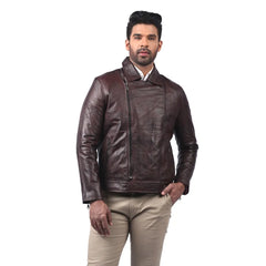 Men’s Dark Brown Asymmetrical Zip Real Leather Jacket