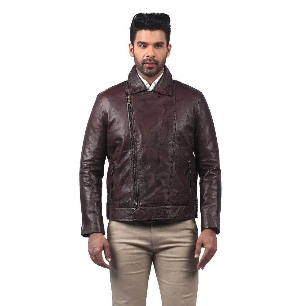 Men’s Dark Brown Asymmetrical Zip Real Leather Jacket