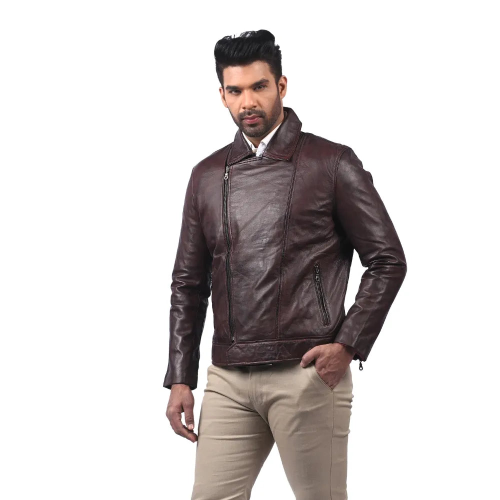 Men’s Dark Brown Asymmetrical Zip Real Leather Jacket