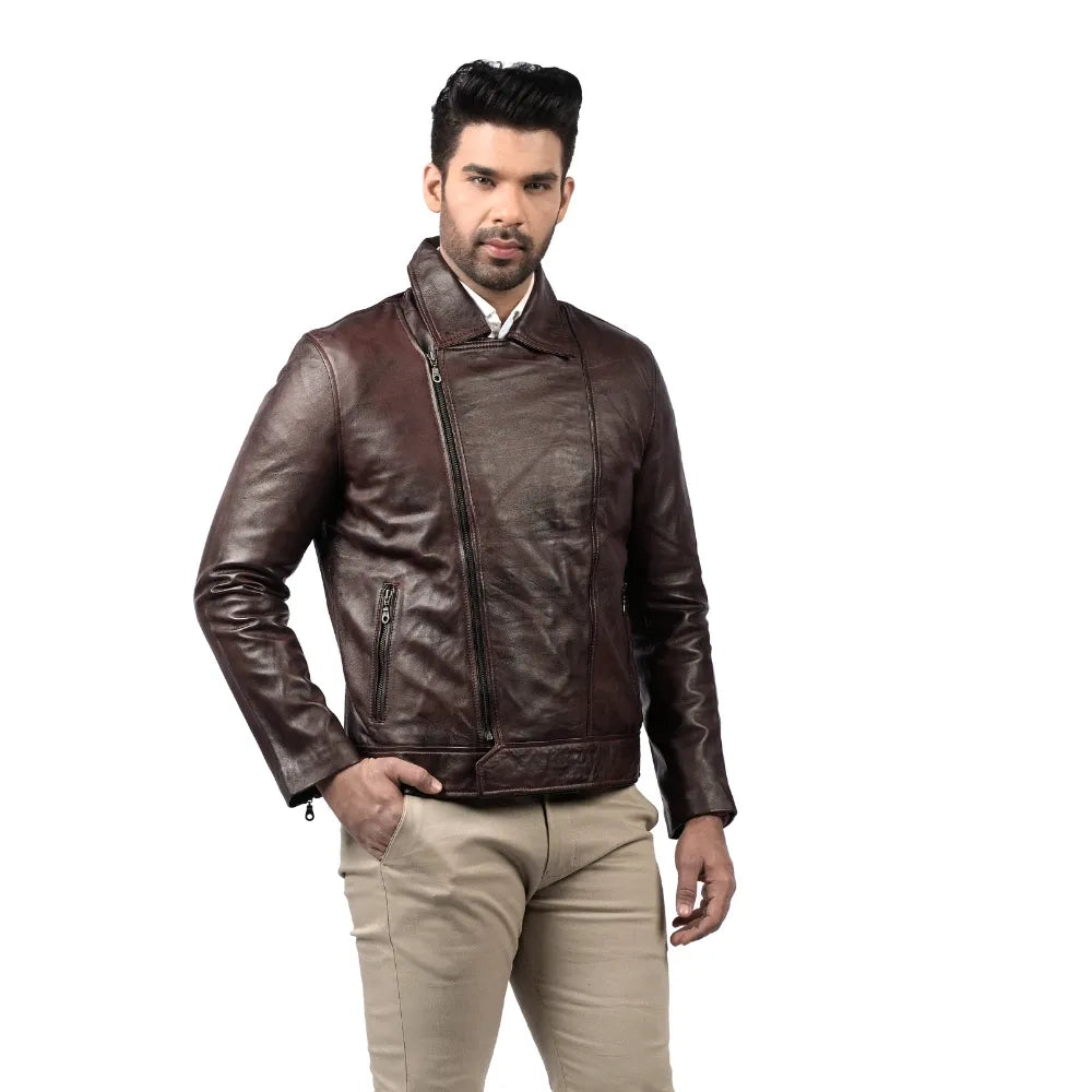 Men’s Tan Real Leather Asymmetrical Jacket