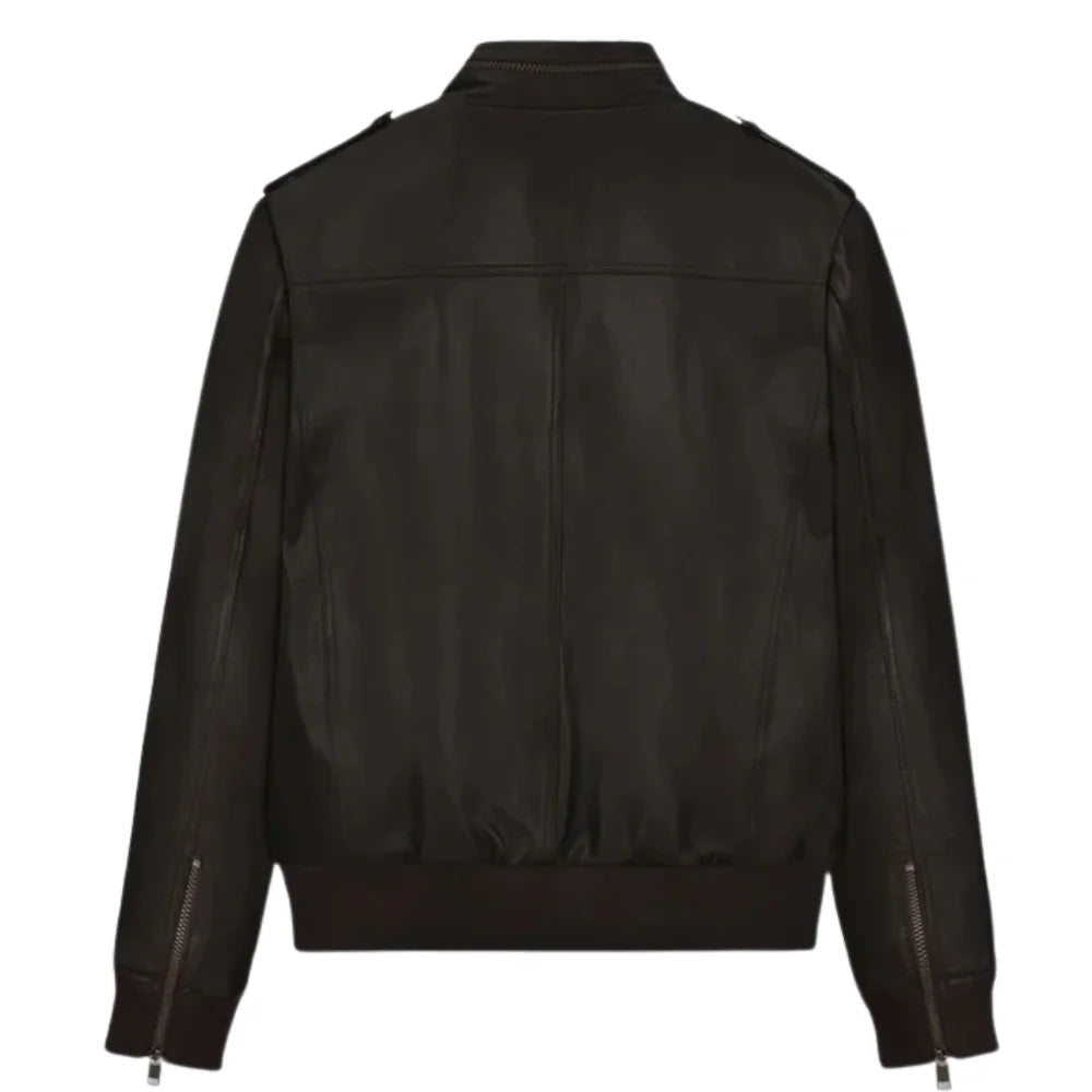 Men’s Dark Brown Bomber Leather Jacket with Epaulets