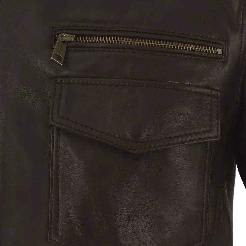 Men’s Dark Brown Bomber Leather Jacket with Epaulets