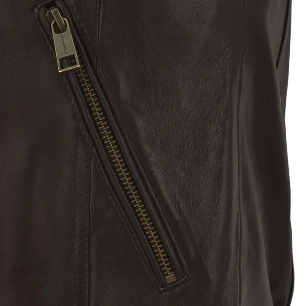 Men’s Dark Brown Bomber Leather Jacket with Epaulets