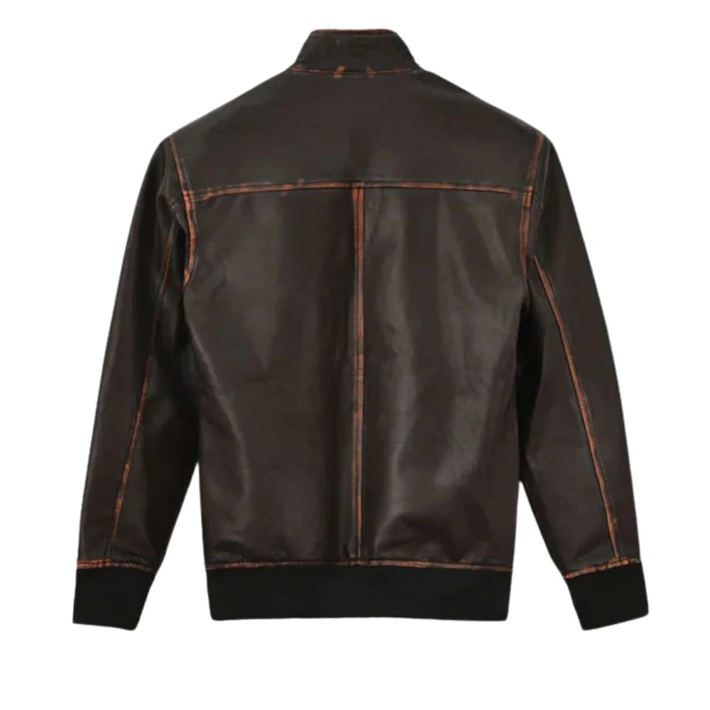 Men’s Dark Brown Leather Bomber Jacket with Contrast Stitching