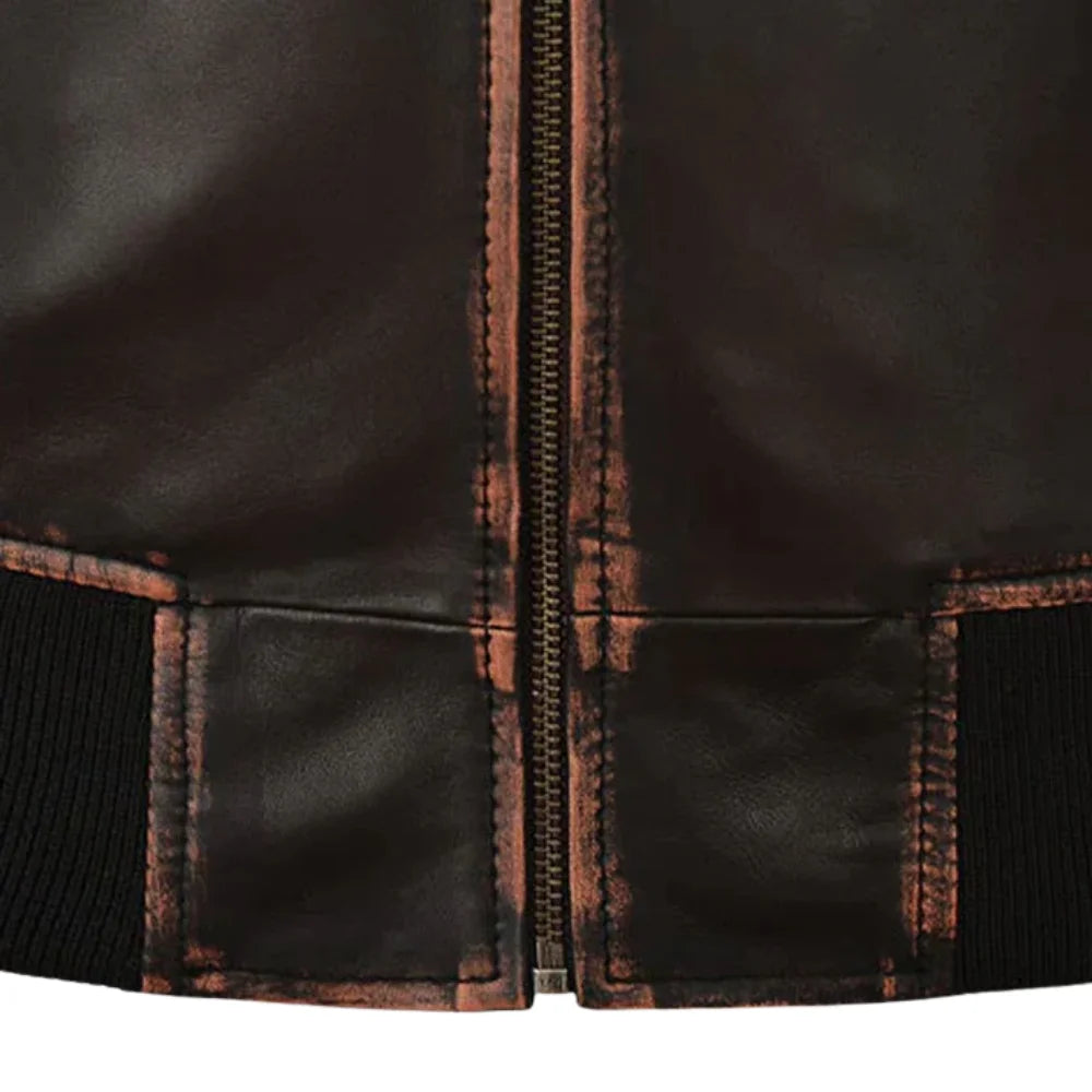 Men’s Dark Brown Leather Bomber Jacket with Contrast Stitching