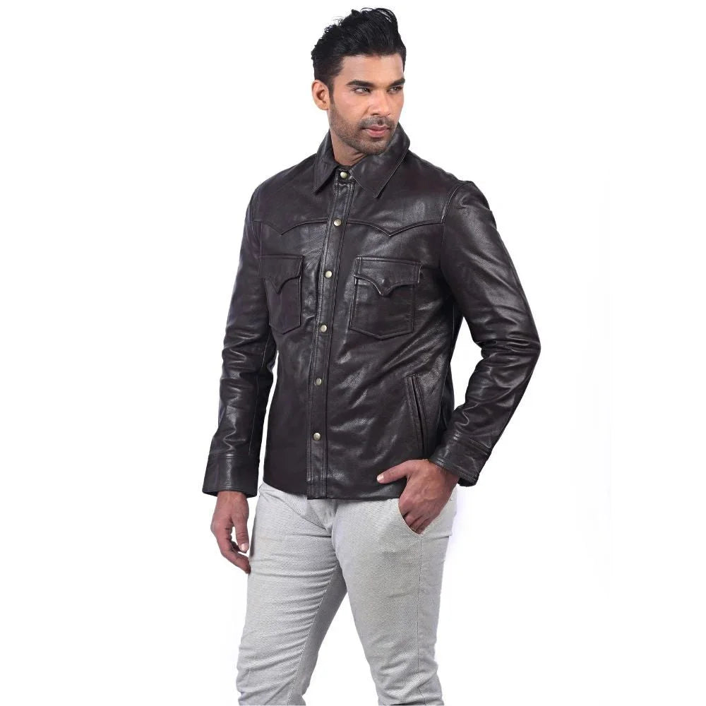 Men's Dark Brown Leather Button-Up Jacket