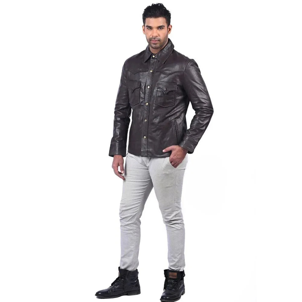 Men's Dark Brown Leather Button-Up Jacket