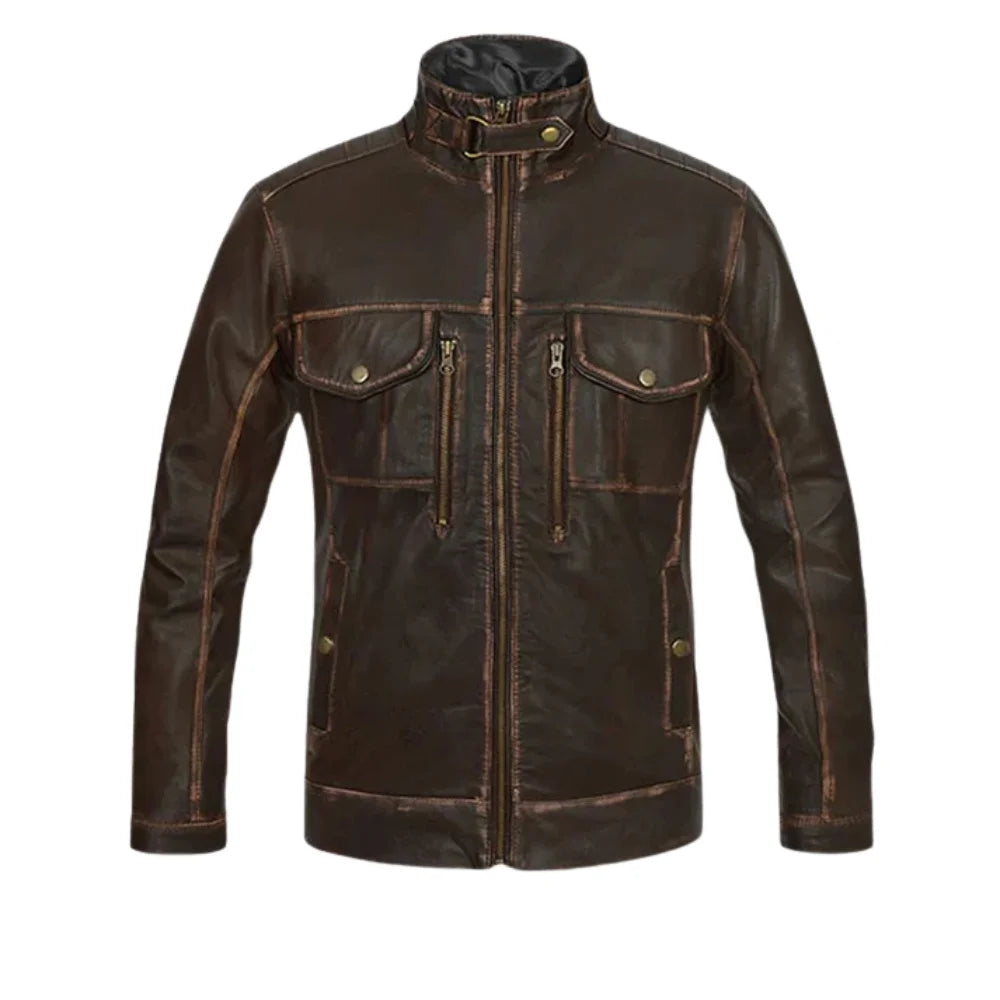 Men’s Dark Brown Leather Jacket with Buckle Collar