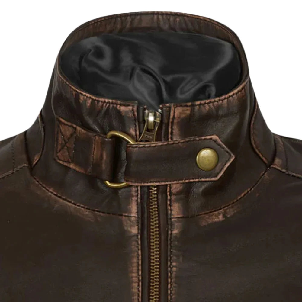 Men’s Dark Brown Leather Jacket with Buckle Collar