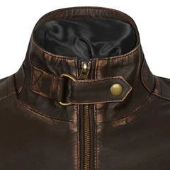 Men’s Dark Brown Leather Jacket with Buckle Collar