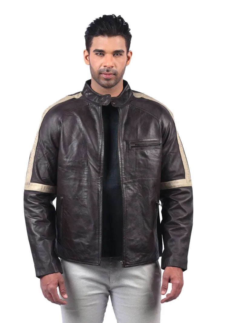 Men’s Dark Brown Leather Jacket with Contrast Sleeves Front 
