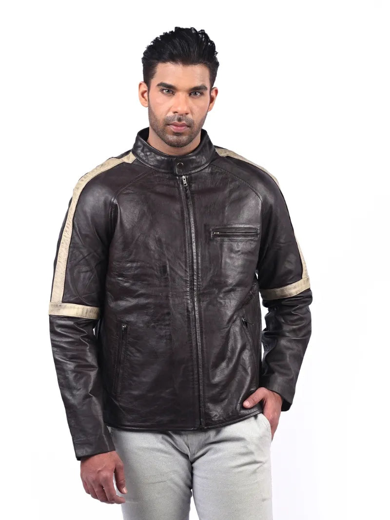 Men’s Dark Brown Leather Jacket with Contrast Sleeves Full