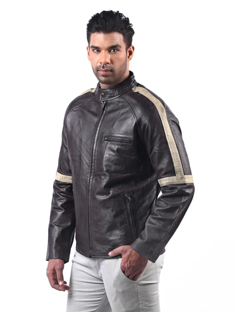 Men’s Dark Brown Leather Jacket with Contrast Sleeves Left