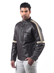 Men’s Dark Brown Leather Jacket with Contrast Sleeves Left