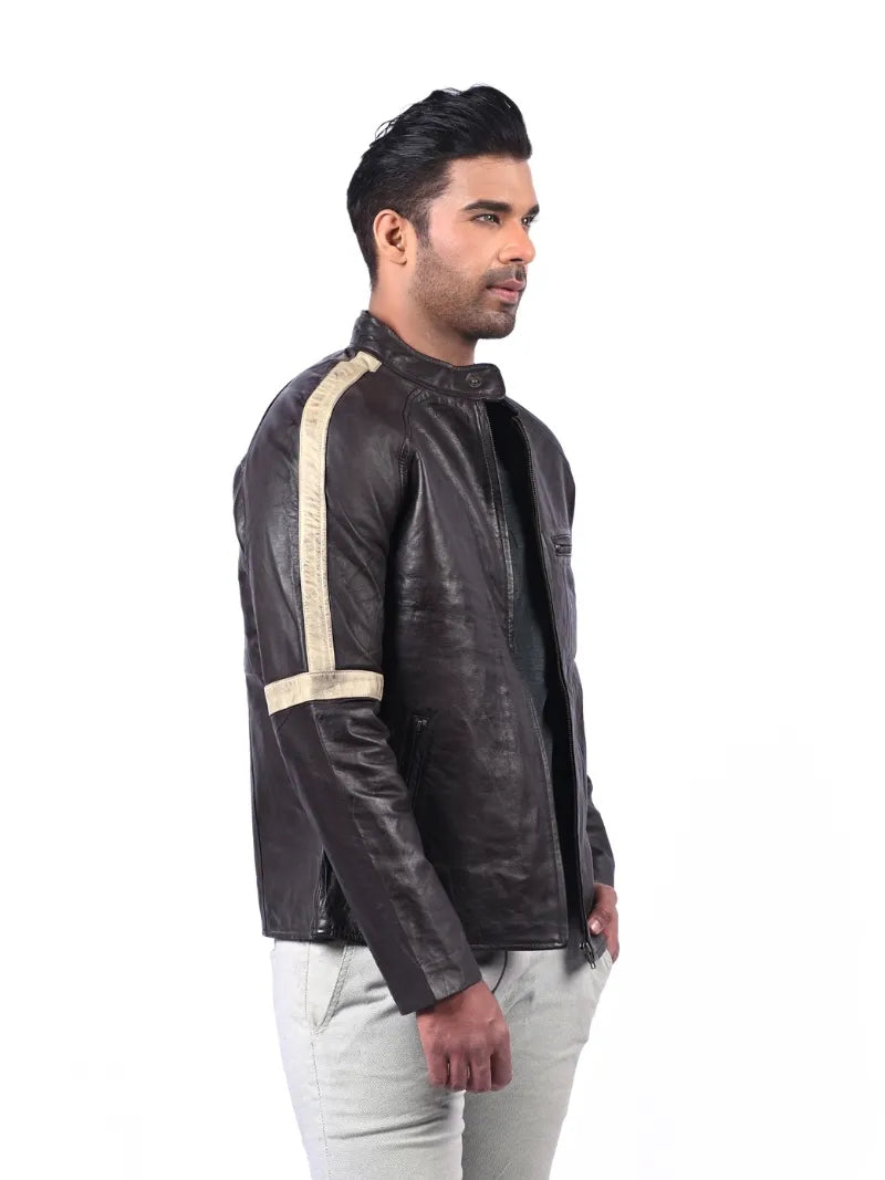 Men’s Dark Brown Leather Jacket with Contrast Sleeves Right 