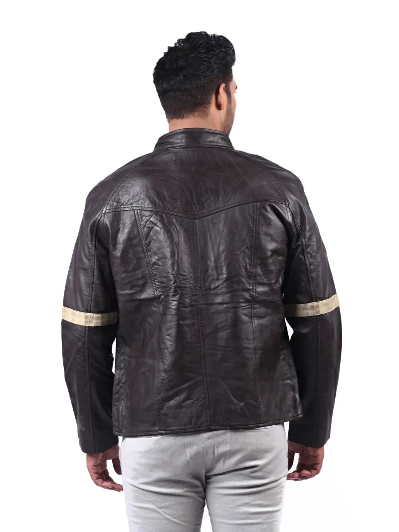 Men’s Dark Brown Leather Jacket with Contrast Sleeves Back