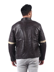 Men’s Dark Brown Leather Jacket with Contrast Sleeves Back