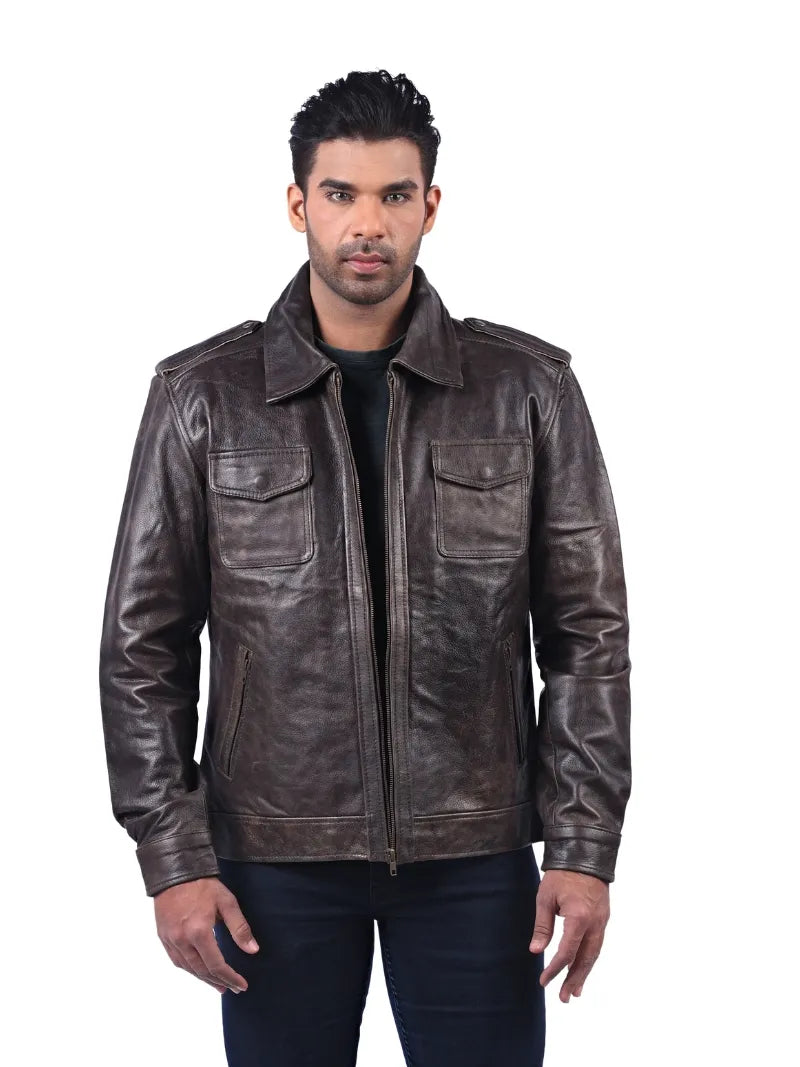 Men’s Dark Brown Leather Jacket with Flap Pockets Front 