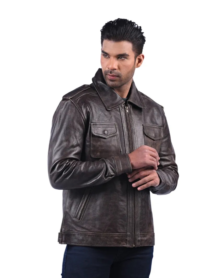 Men’s Dark Brown Leather Jacket with Flap Pockets Right 