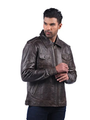 Men’s Dark Brown Leather Jacket with Flap Pockets Right 