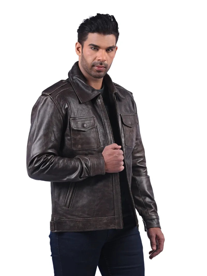 Men’s Dark Brown Leather Jacket with Flap Pockets Full