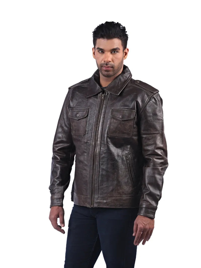 Men’s Dark Brown Leather Jacket with Flap Pockets Left  
