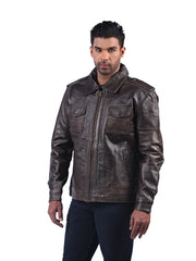 Men’s Dark Brown Leather Jacket with Flap Pockets Left  