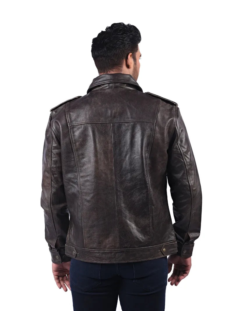 Men’s Dark Brown Leather Jacket with Flap Pockets Back 