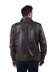 Men’s Dark Brown Leather Jacket with Flap Pockets Back 