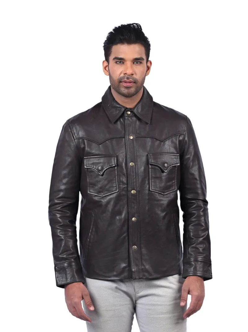 Men’s Dark Brown Leather Shirt Jacket Front 