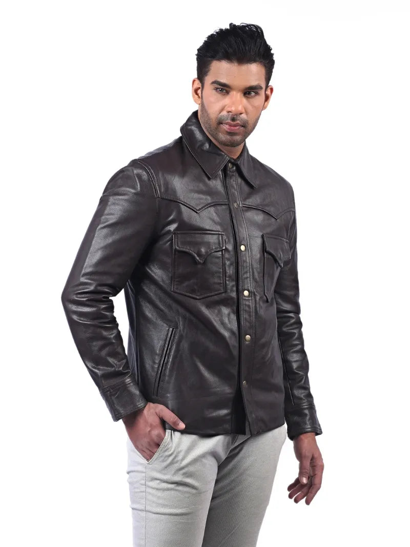 Men’s Dark Brown Leather Shirt Jacket Right