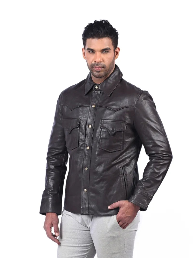 Men’s Dark Brown Leather Shirt Jacket Left 