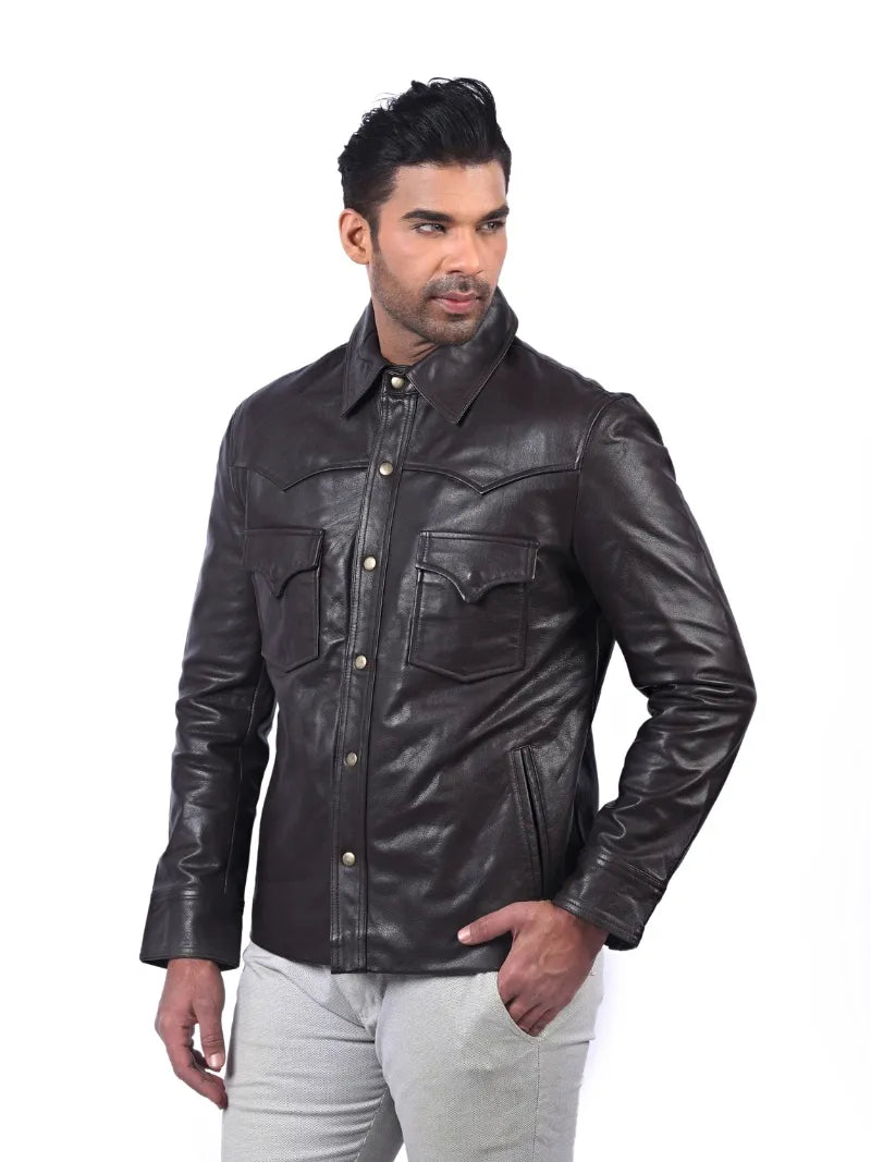 Men’s Dark Brown Leather Shirt Jacket Left