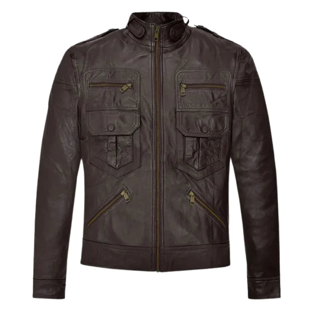 Men’s Dark Brown Multi-Pocket Leather Jacket