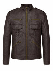 Men’s Dark Brown Multi-Pocket Leather Jacket Front 