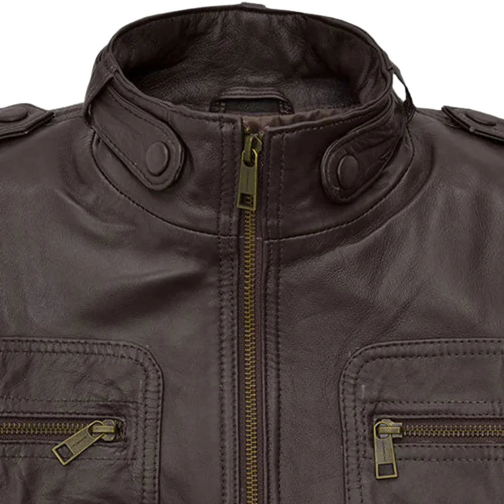 Men’s Dark Brown Multi-Pocket Leather Jacket
