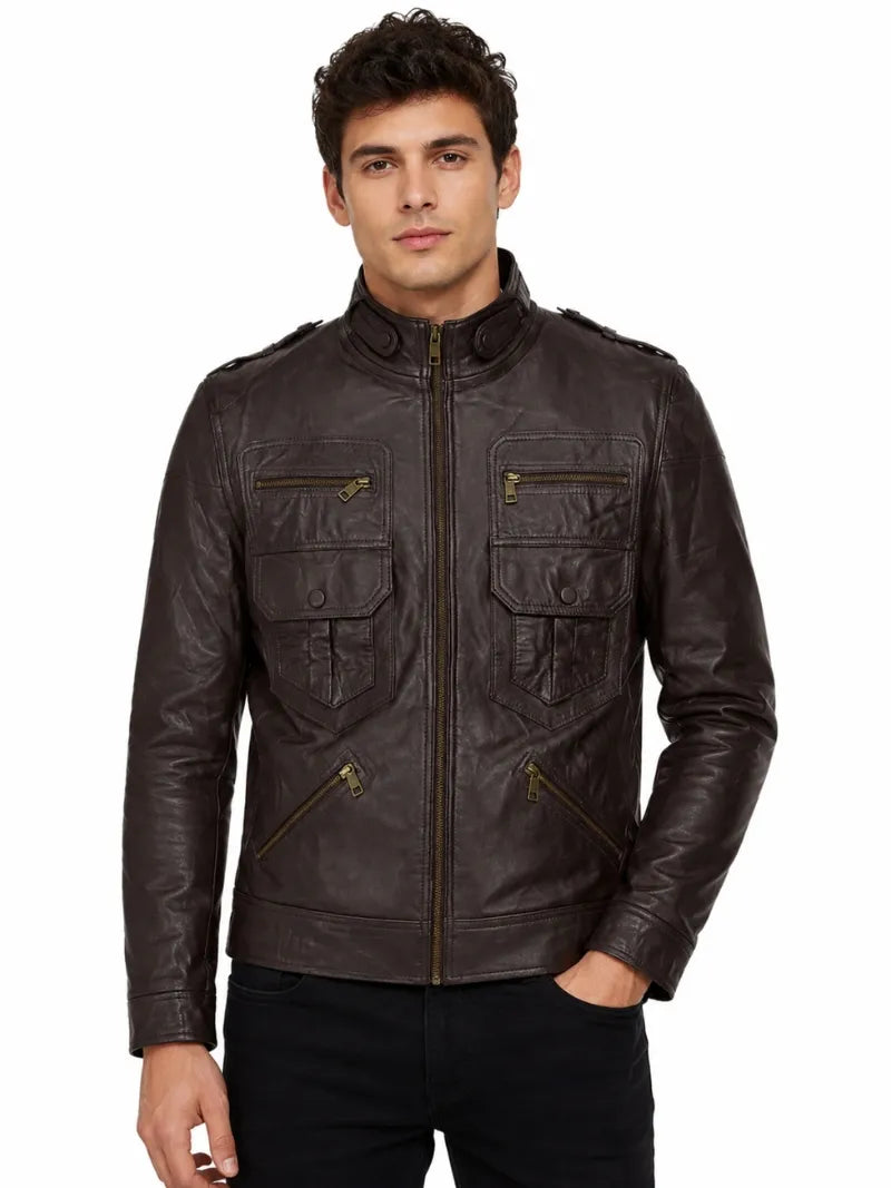 Men’s Dark Brown Multi-Pocket Leather Jacket Full