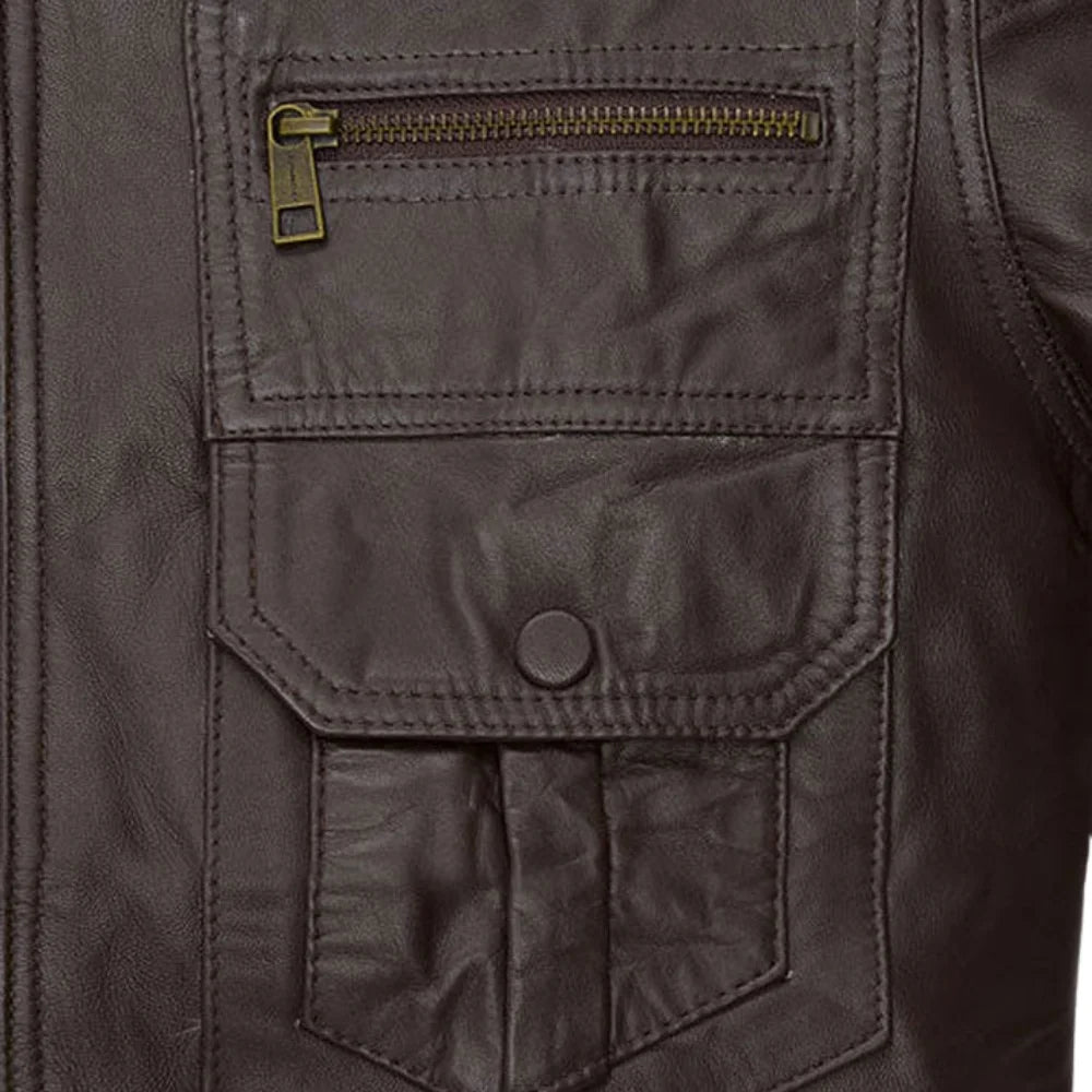 Men’s Dark Brown Multi-Pocket Leather Jacket