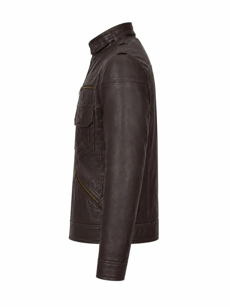 Men’s Dark Brown Multi-Pocket Leather Jacket Left 