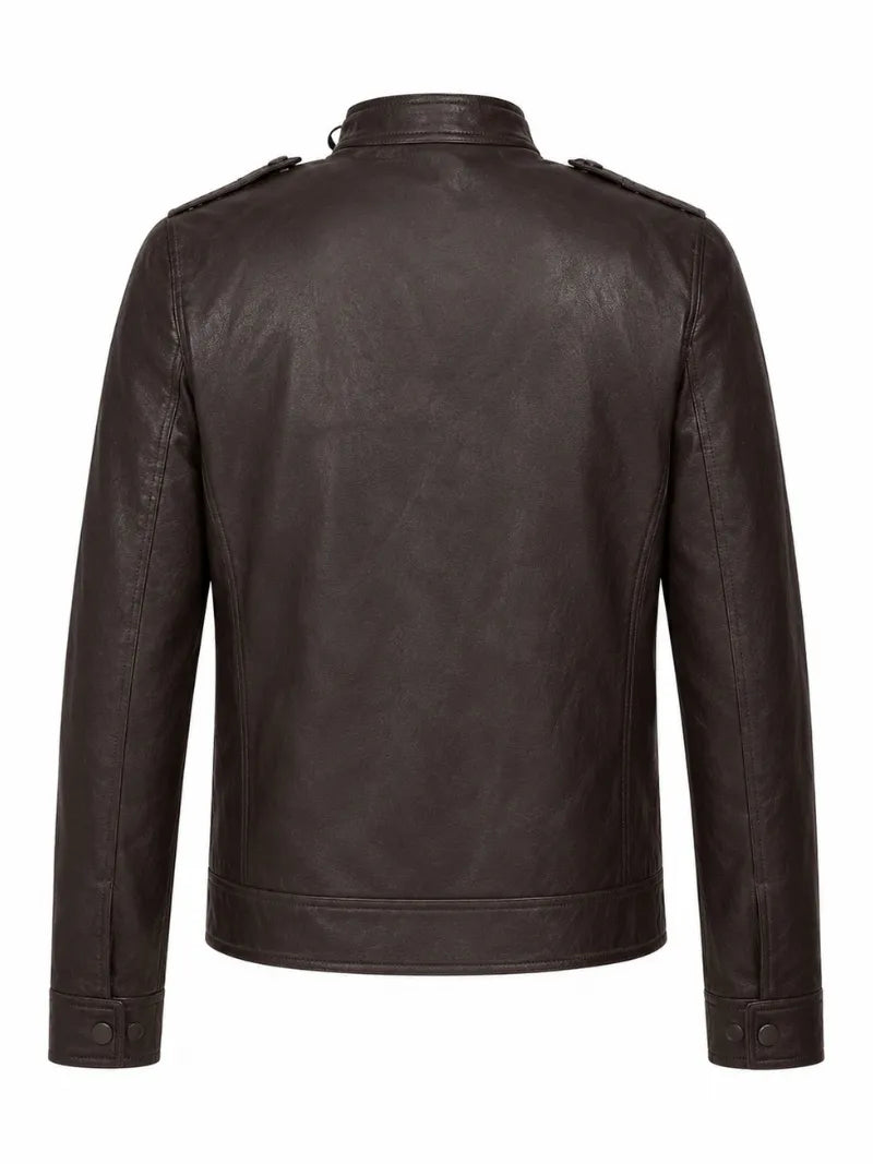 Men’s Dark Brown Multi-Pocket Leather Jacket Back 