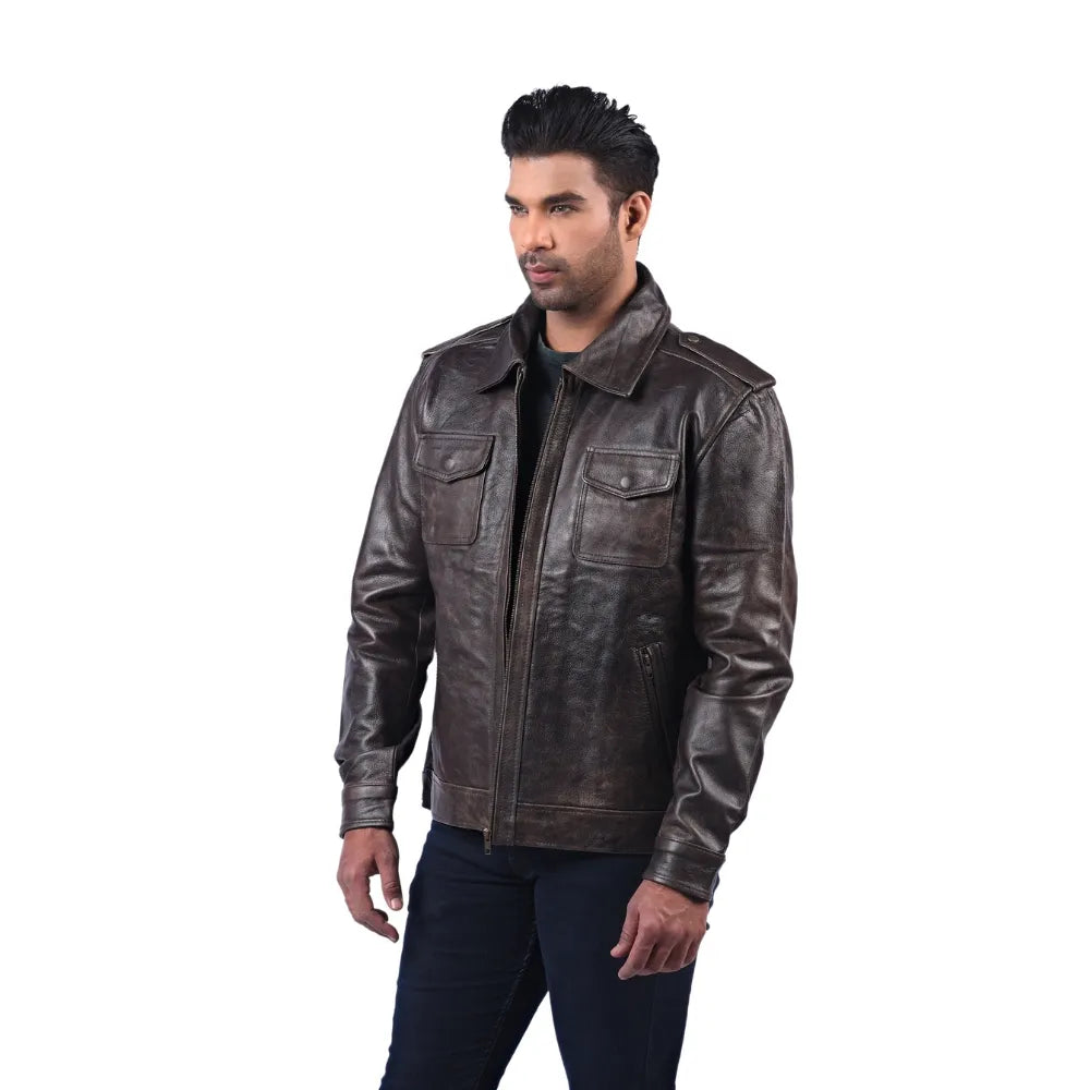 Men’s Dark Brown Real Leather Zip Front Jacket