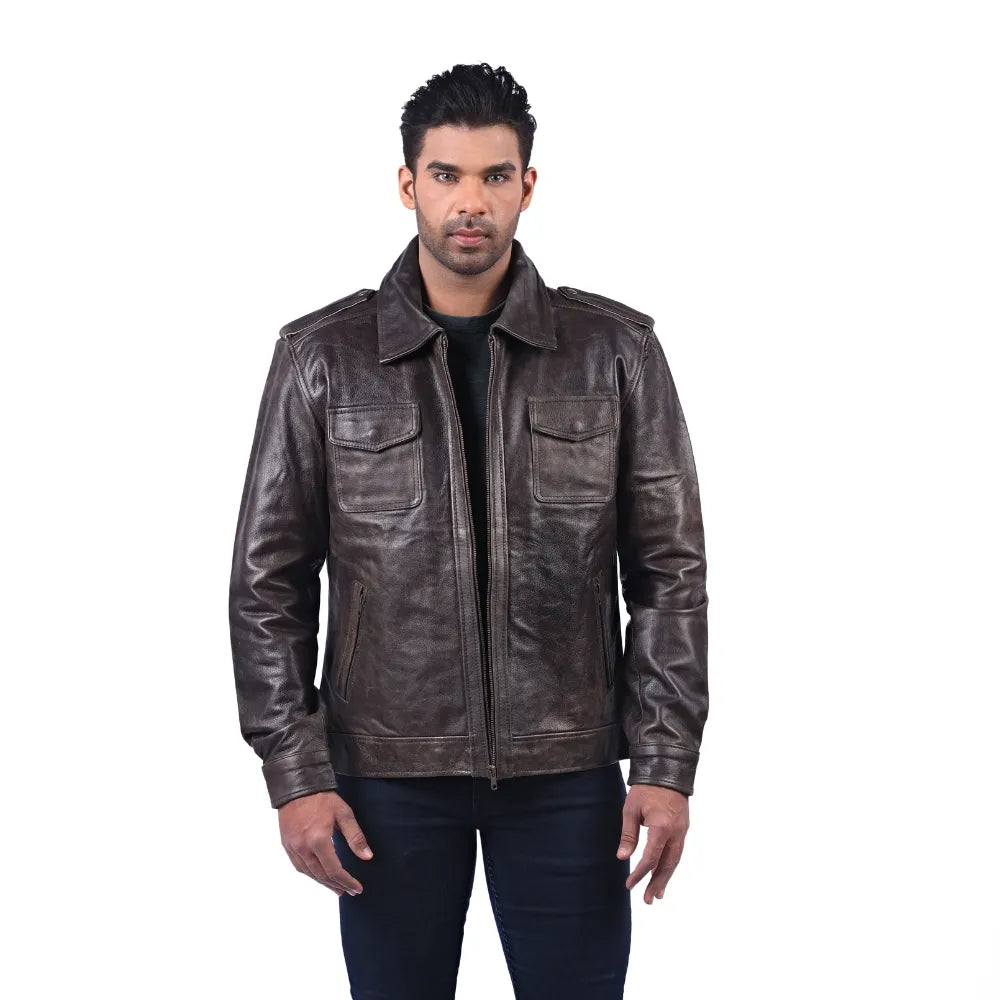 Men’s Dark Brown Real Leather Zip Front Jacket