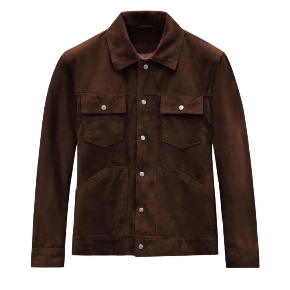 Men’s Dark Brown Suede Trucker Leather Jacket