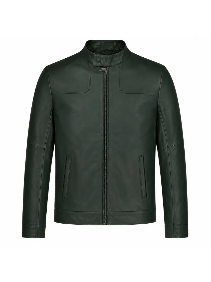 Men’s Dark Green Minimalist Leather Jacket Front