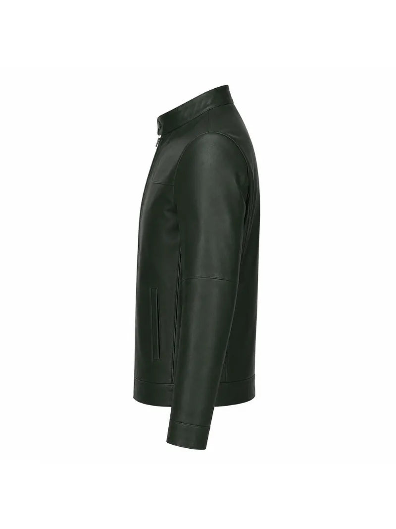 Men’s Dark Green Minimalist Leather Jacket Left 