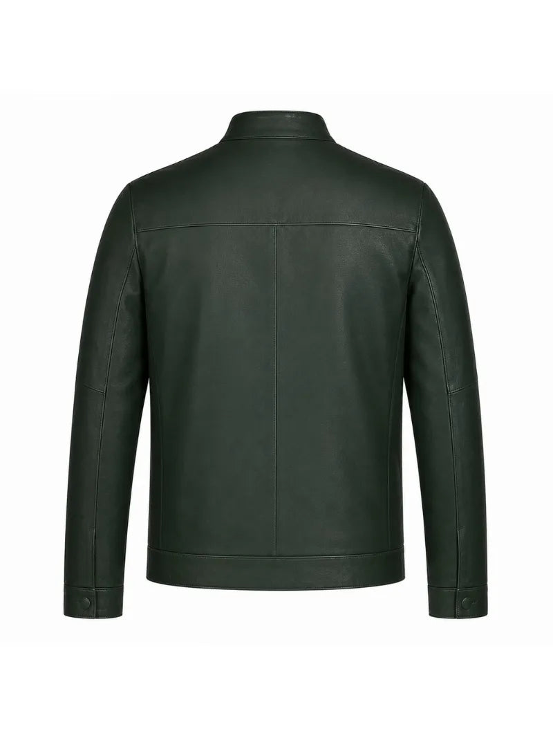 Men’s Dark Green Minimalist Leather Jacket Back