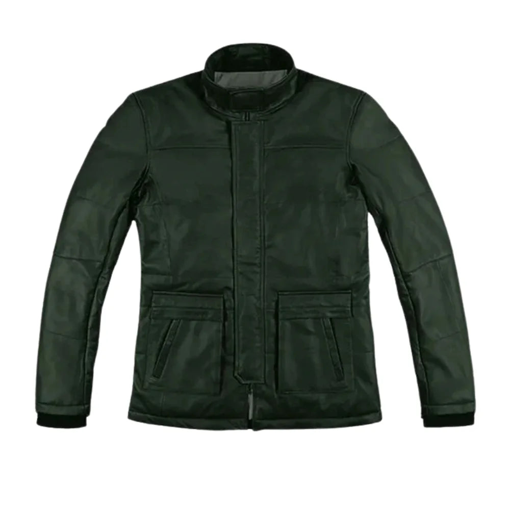 Men’s Dark Green Snap-Tab Collar Leather Jacket